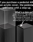 Clear Acrylic Cover (no base) – Pedestal Source. diagram with text explaining a step up. What is a step-up? A step-up is a 1/2" high addition on the top of your pedestal. it's inset to the thickness of the acrylic. it will color-match your pedestal and it ensures your cover won't slide off.