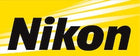 Nikon logo. Black and yellow and white. Horizontal.