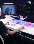The Overkill Battle Station – Pedestal Source. The Overkill Battle Station – Pedestal Source. Custom white laminate display table with three gaming monitors, a keyboard, and lights. There is a male figure in a black shirt with white headphones using the monitors and the white laminate desk (AKA, the Battle Station).
